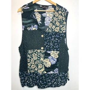 VTG‎ Carole Little Patchwork Floral Vest Green Retro Cottage Women's 18W